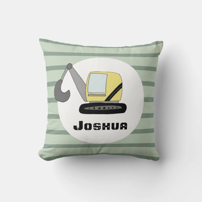 Boys Cute Construction Digger Excavator and Name Cushion (Front)