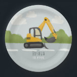 Boys Cute Construction Digger Kids Birthday Paper Plate<br><div class="desc">This cute and modern boys birthday paper plate design features a yellow digger (excavator) and a place for you to add your child's name and age. Perfect for any little boy dreaming of being a construction builder!</div>