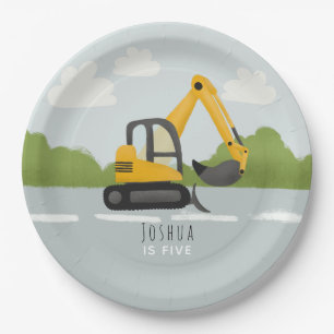 Boys Cute Construction Digger Kids Birthday Paper Plate