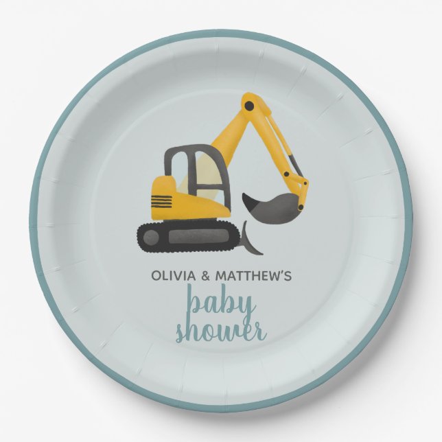 Boys Cute Digger Baby Shower Paper Plate (Front)