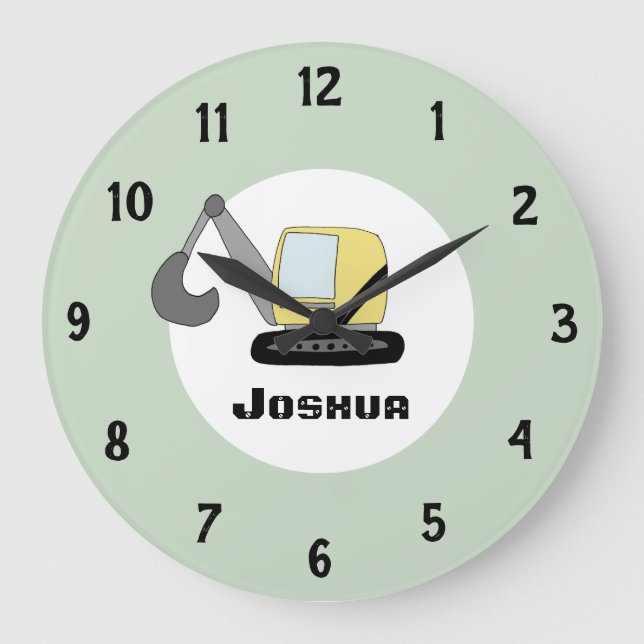 Boys Cute Digger Excavator Doodle and Name Large Clock (Front)
