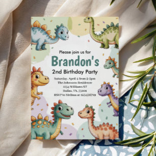 Boys Cute Dinosaur 2nd Birthday Invitation