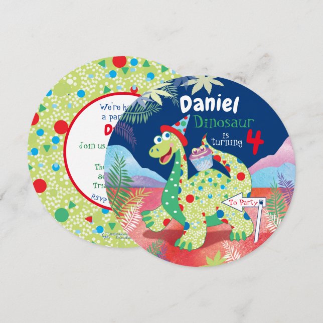 Boys Cute Dinosaur, 4th Birthday Party Invitation (Front/Back)