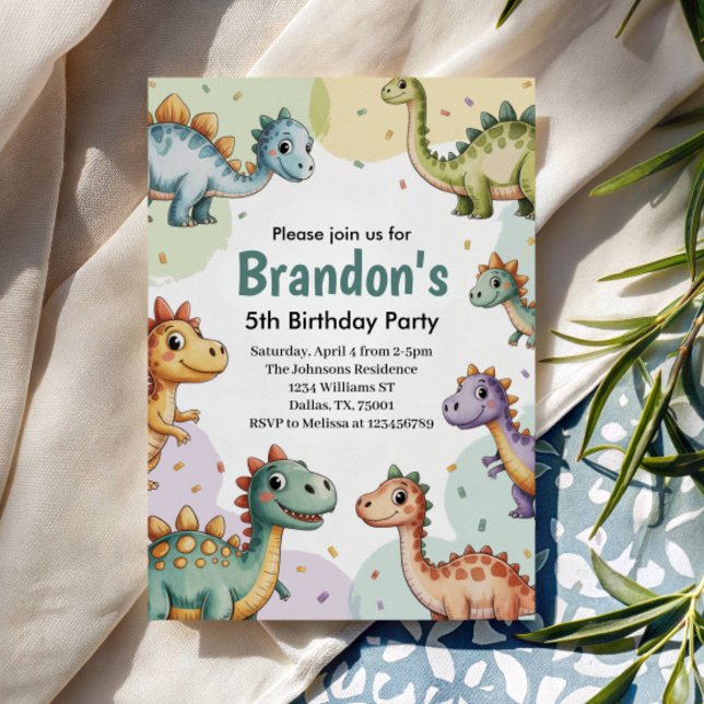 Boys Cute Dinosaur 5th Birthday Invitation (Creator Uploaded)
