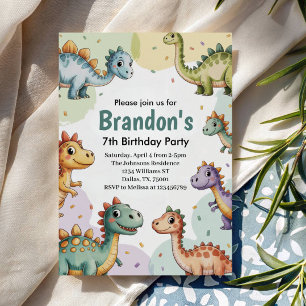 Boys Cute Dinosaur 7th Birthday Invitation