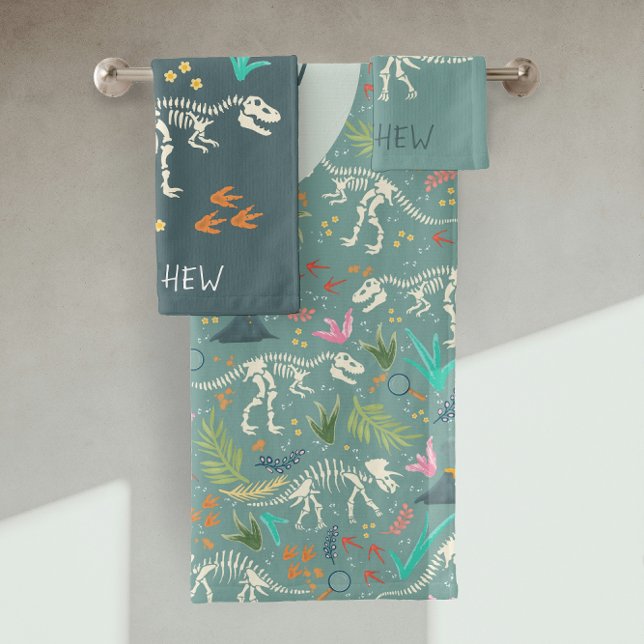 Boys Cute Dinosaur Fossil Pattern & Monogram Kids Bath Towel Set (Creator Uploaded)