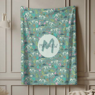 Boys Cute Dinosaur Fossil Pattern Monogram Kids Fleece Blanket