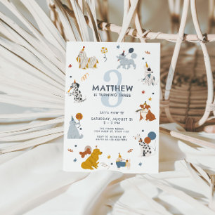 Boys Cute Dog Let's Pawty 3rd Birthday Invitation
