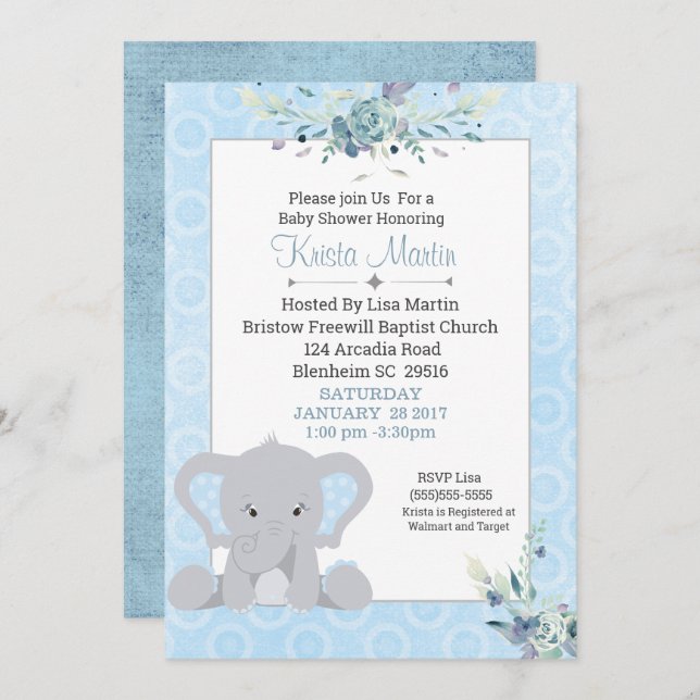 Boys Cute Elephant Floral Baby Shower Invitation (Front/Back)