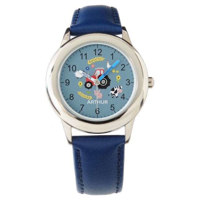 Boys Cute Farm Animal and Tractor & Name Kids Watch (Front)