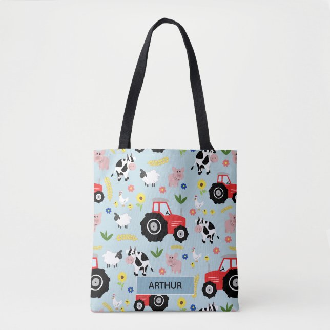 Boys Cute Farm Animal Pattern and Name Kids Tote Bag (Front)