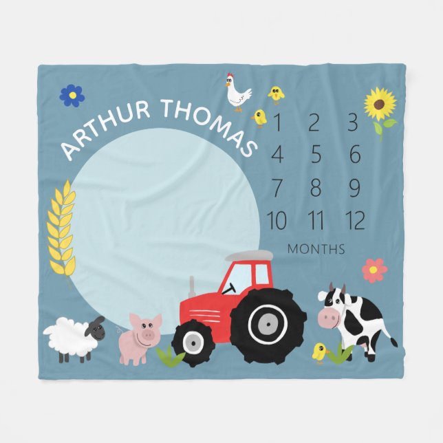 Boys Cute Farm Animal Tractor and Name Milestone Fleece Blanket (Front (Horizontal))