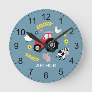 Boys Cute Farm Animal Tractor Kids Nursery Round Clock