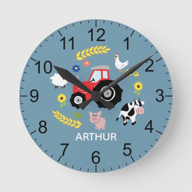Boys Cute Farm Animal Tractor Kids Nursery Round Clock (Front)