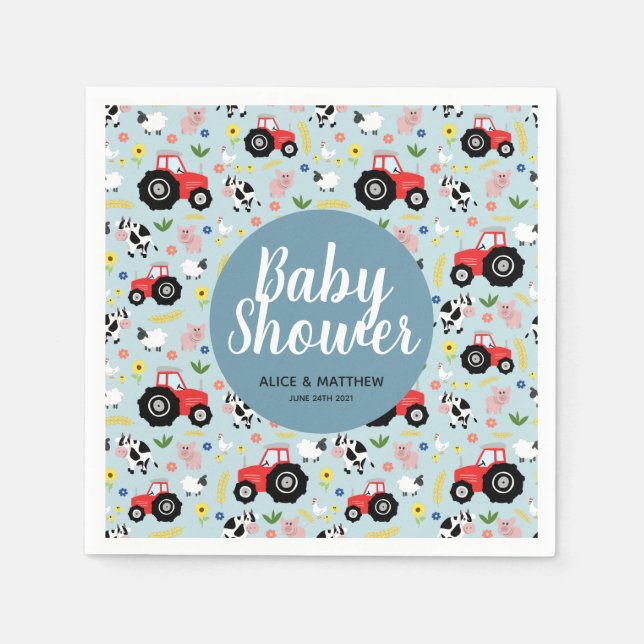 Boys Cute Farm Animal Tractor Pattern Baby Shower Napkin (Front)