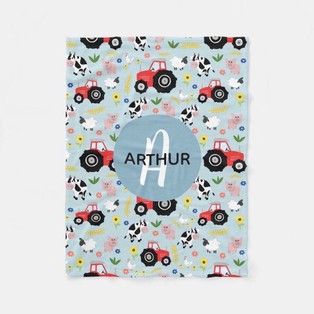 Boys Cute Farm Animal Tractor Pattern & Name Kids Fleece Blanket (Front)