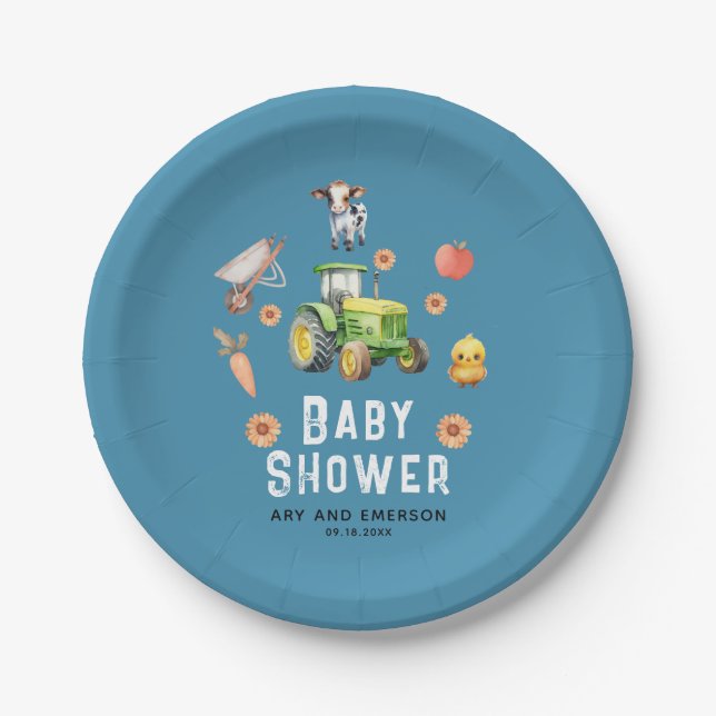 Boys Cute Farm Animals and Red Tractor Baby Shower Paper Plate (Front)