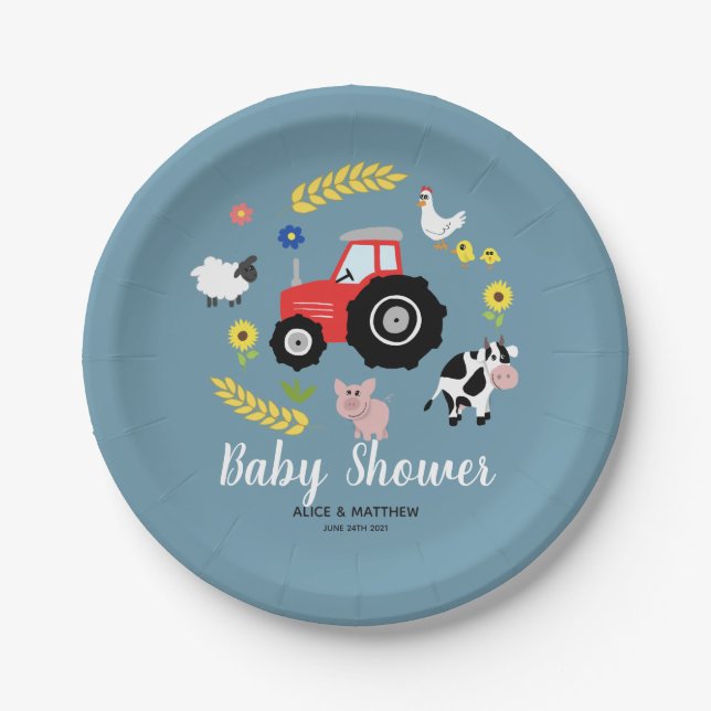 Boys Cute Farm Animals and Red Tractor Baby Shower Paper Plate (Front)
