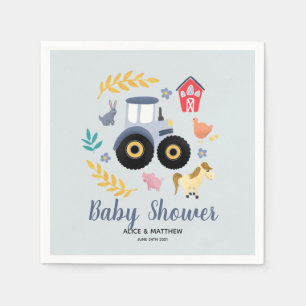 Boys Cute Farm Animals & Blue Tractor Baby Shower Napkin
