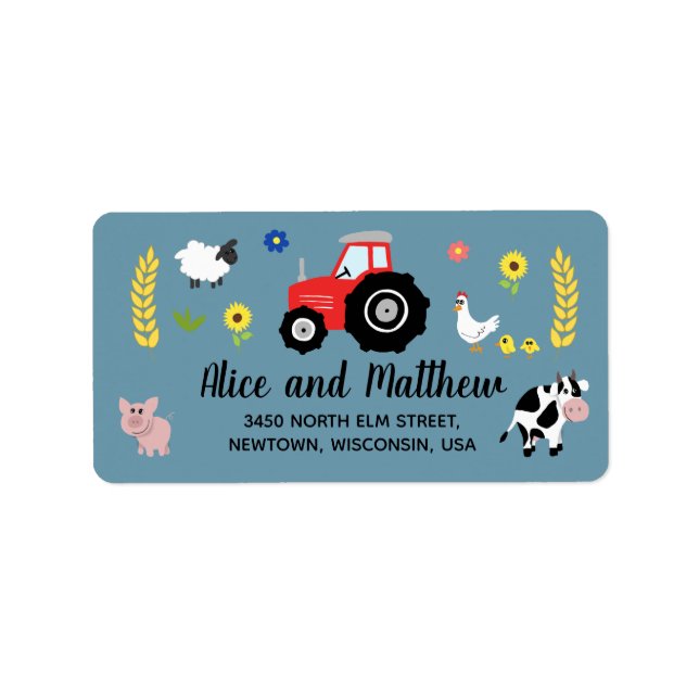 Boys Cute Farm Animals Red Tractor Baby Shower Label (Front)