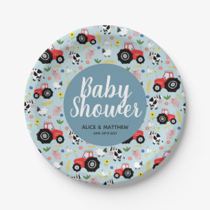 Boys Cute Farm Animals Tractor Baby Shower Paper Plate
