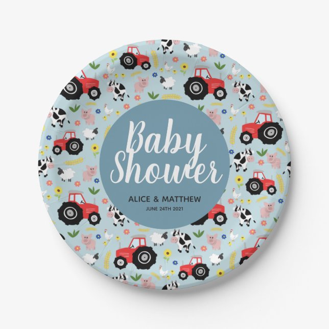 Boys Cute Farm Animals Tractor Baby Shower Paper Plate (Front)