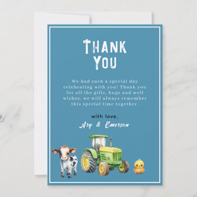 Boys Cute Farm Animals Tractor Baby Shower Thank You Card (Front)