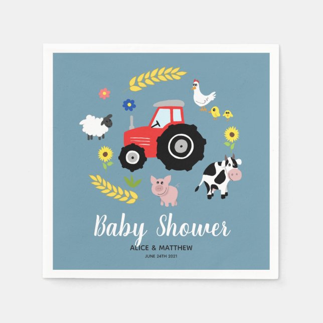 Boys Cute Farm Animals Tractor Cartoon Baby Shower Napkin (Front)