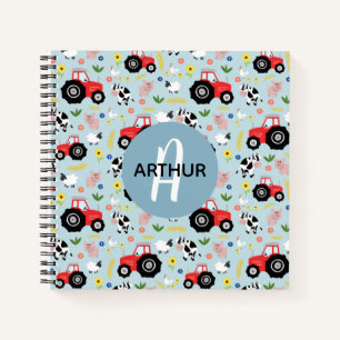 Boys Cute Farm Animals Tractor Pattern Monogram Notebook