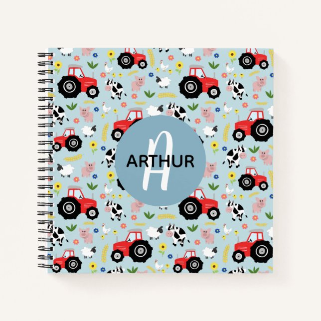 Boys Cute Farm Animals Tractor Pattern Monogram Notebook (Front)