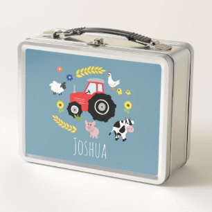 Boys Cute Farm Tractor and Animals Toddler Kids Metal Lunch Box