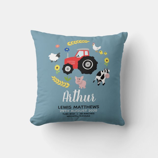 Boys Cute Farm Tractor Birth Stats Kids Nursery Cushion (Front)