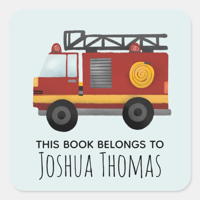Boys Cute Fire Engine Truck Kids Bookplate Square Sticker (Front)