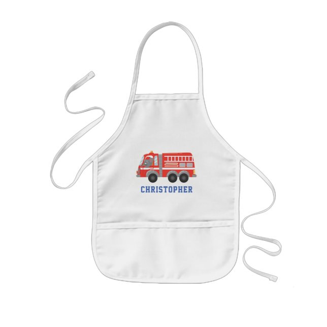 Boys Cute Fire Truck Personalised Name Kids Apron (Front)