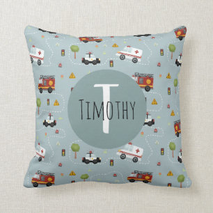 Boys Cute Fire Truck & Police Car and Name Kids Cushion