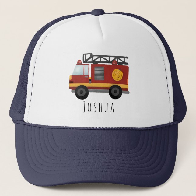 Boys Cute Firefighter Fire Engine and Name Kids Trucker Hat (Front)