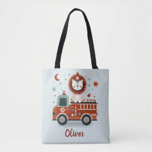 Boys' Cute Firefighter Lion on Fire Truck Tote Bag