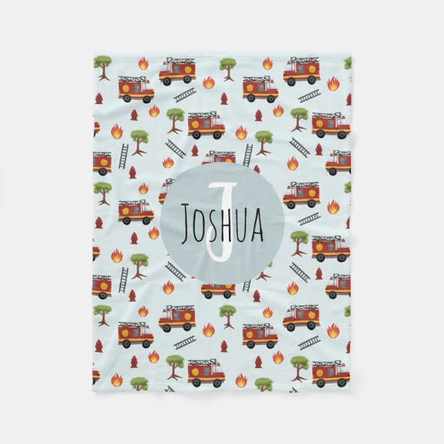 Boys Cute Fireman Fire Engine Truck Pattern Fleece Blanket (Front)