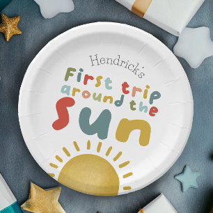Boys Cute First Trip Around The Sun 1st Birthday Paper Plate