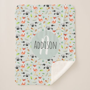 Boys Cute Forest Animal Pattern Fox & Name Kids Sherpa Blanket
