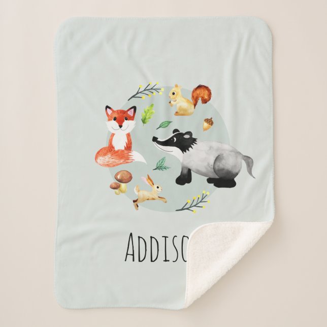 Boys Cute Forest Animals Badger & Fox Name Kids Sherpa Blanket (Front)