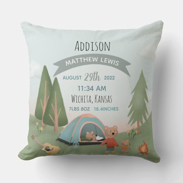 Boys Cute Forest Bear Birth Stats Baby Nursery Cushion (Front)