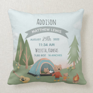 Boys Cute Forest Bear Birth Stats Baby Nursery Cushion