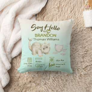 Boys Cute Green Dino Keepsake Birth Stats Cushion