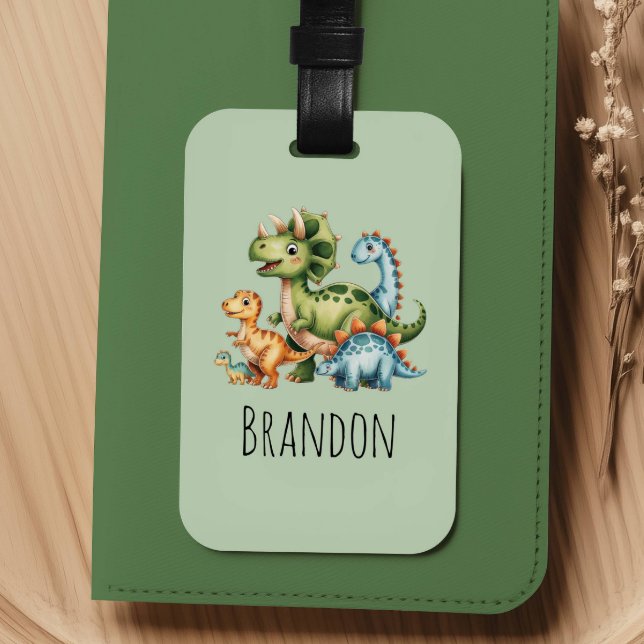 Boys Cute Green Dinosaur Kids Luggage Tag (Creator Uploaded)