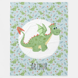 Boys Cute Green Dragon Cartoon Pattern & Name Kids Fleece Blanket