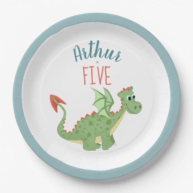 Boys Cute Green Dragon Kids Birthday Paper Plate (Front)