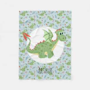 Boys Cute Green Dragon Pattern & Name Kids Small Fleece Blanket