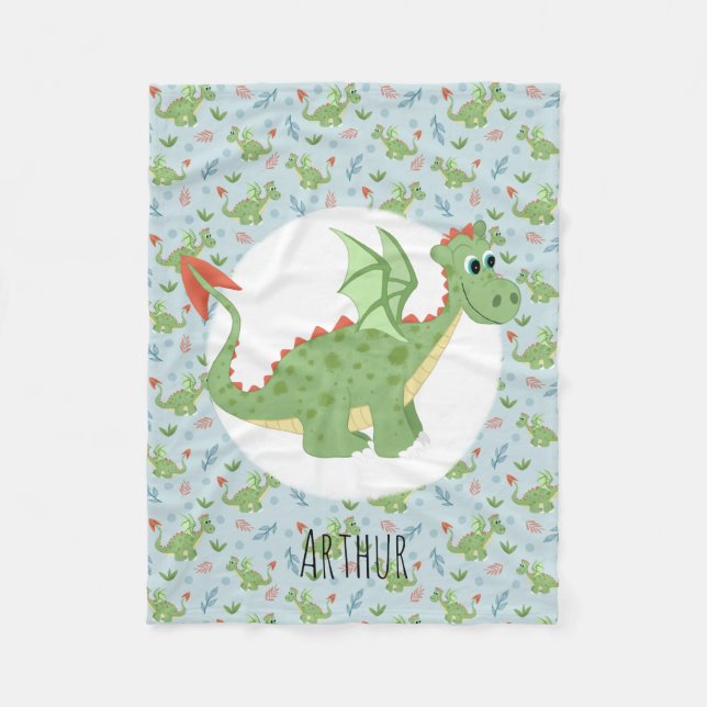 Boys Cute Green Dragon Pattern & Name Kids Small Fleece Blanket (Front)