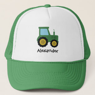 Boys Cute Green Farm Tractor and Name Kids Trucker Hat